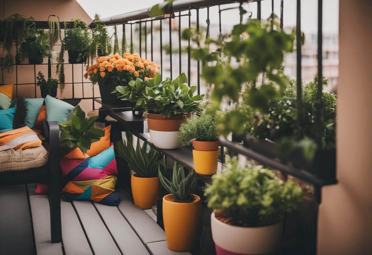A balcony adorned with potted plants, hanging lights, and colorful cushions, creating a cozy and personalized outdoor space