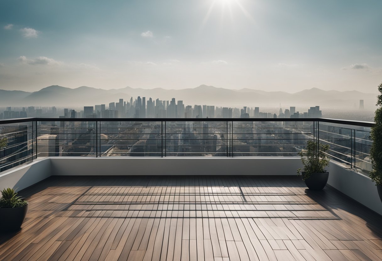 A modern balcony with clean lines and a geometric pattern, overlooking a cityscape or natural scenery