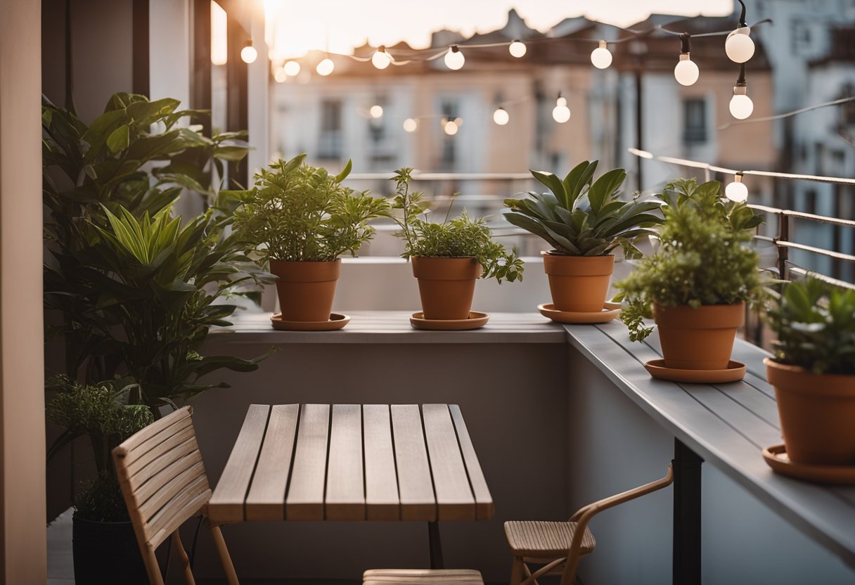 A cozy balcony with potted plants, hanging lights, and a small table and chairs