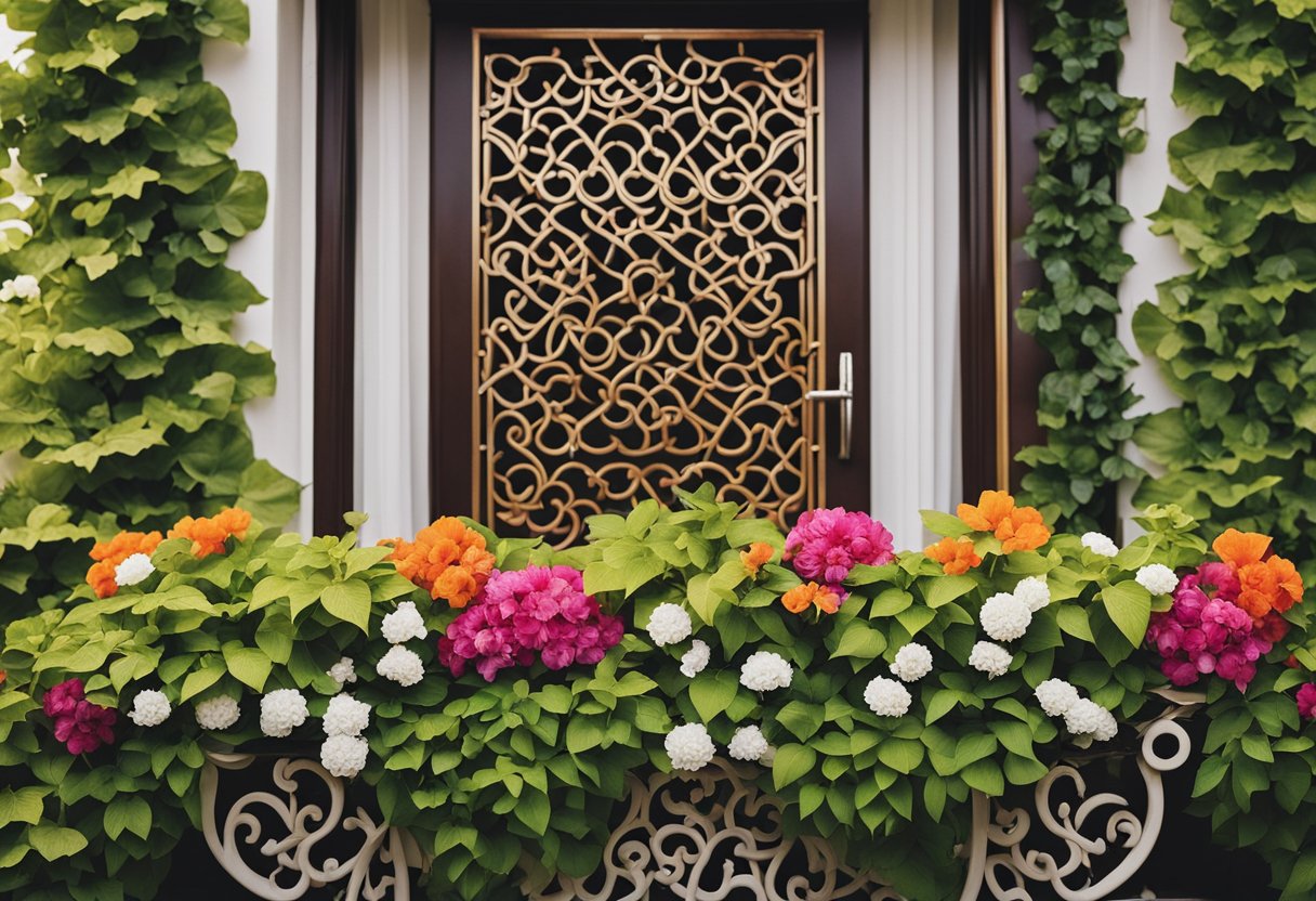 A geometric pattern of intertwining vines and flowers adorns the balcony wall, with intricate details and vibrant colors