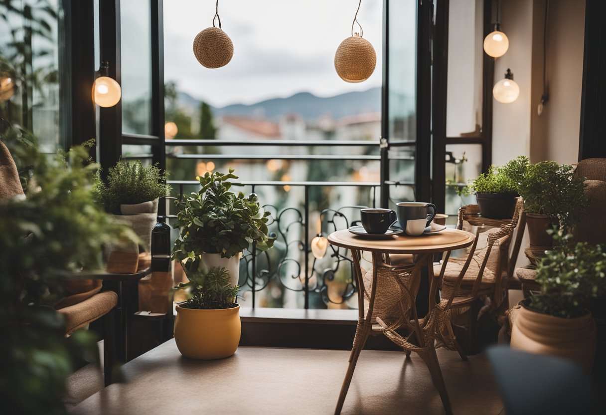 A cozy balcony with potted plants, colorful cushions, and string lights. A small table with a cup of coffee and a book completes the relaxing scene