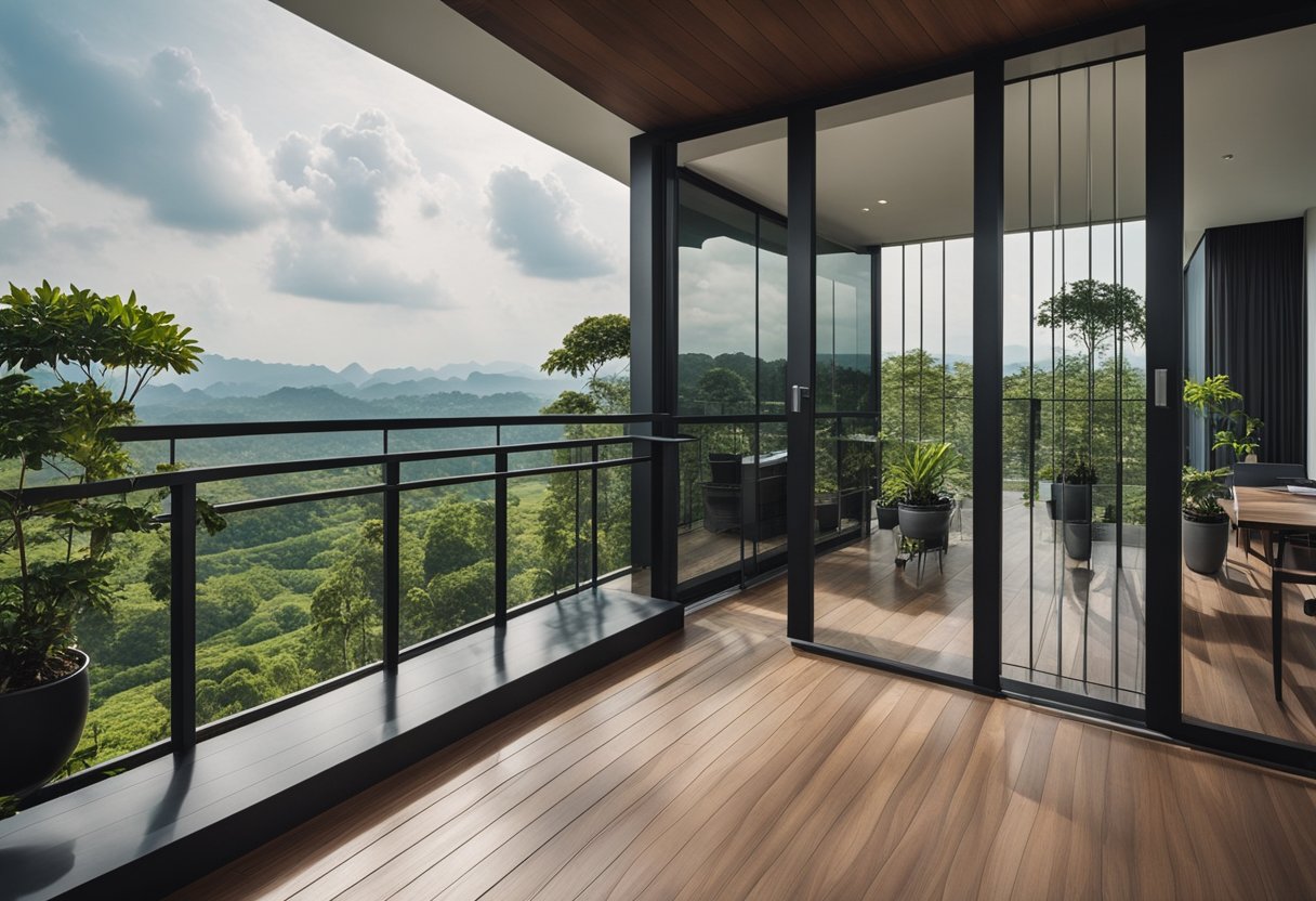 A modern house balcony in Malaysia with sleek wooden railing, potted plants, and a panoramic view of the surrounding lush green landscape
