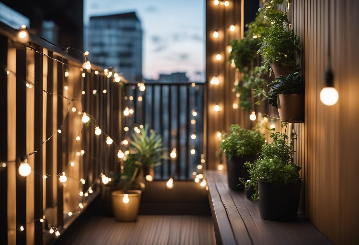 A modern balcony wall with hanging plants, wooden panels, and string lights