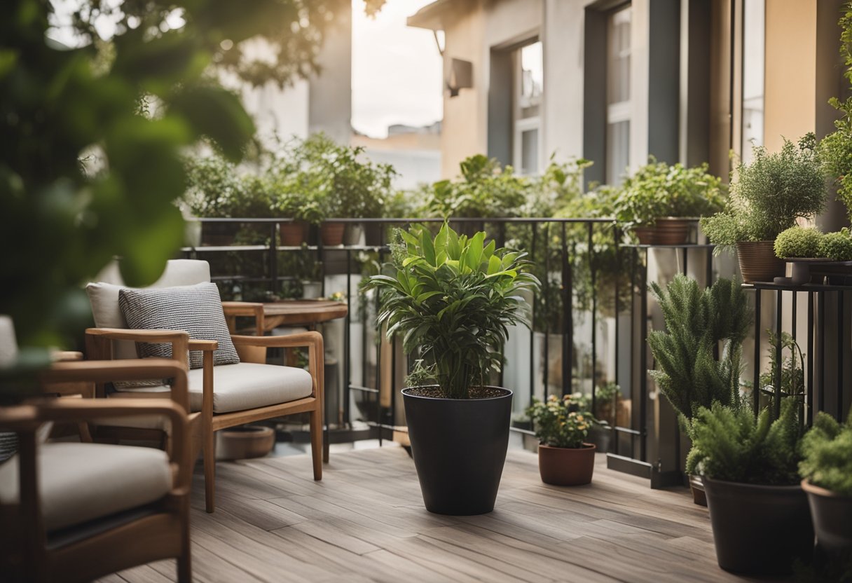 A cozy balcony with potted plants, a small table, and comfortable seating, surrounded by tall greenery for maximum privacy and functionality