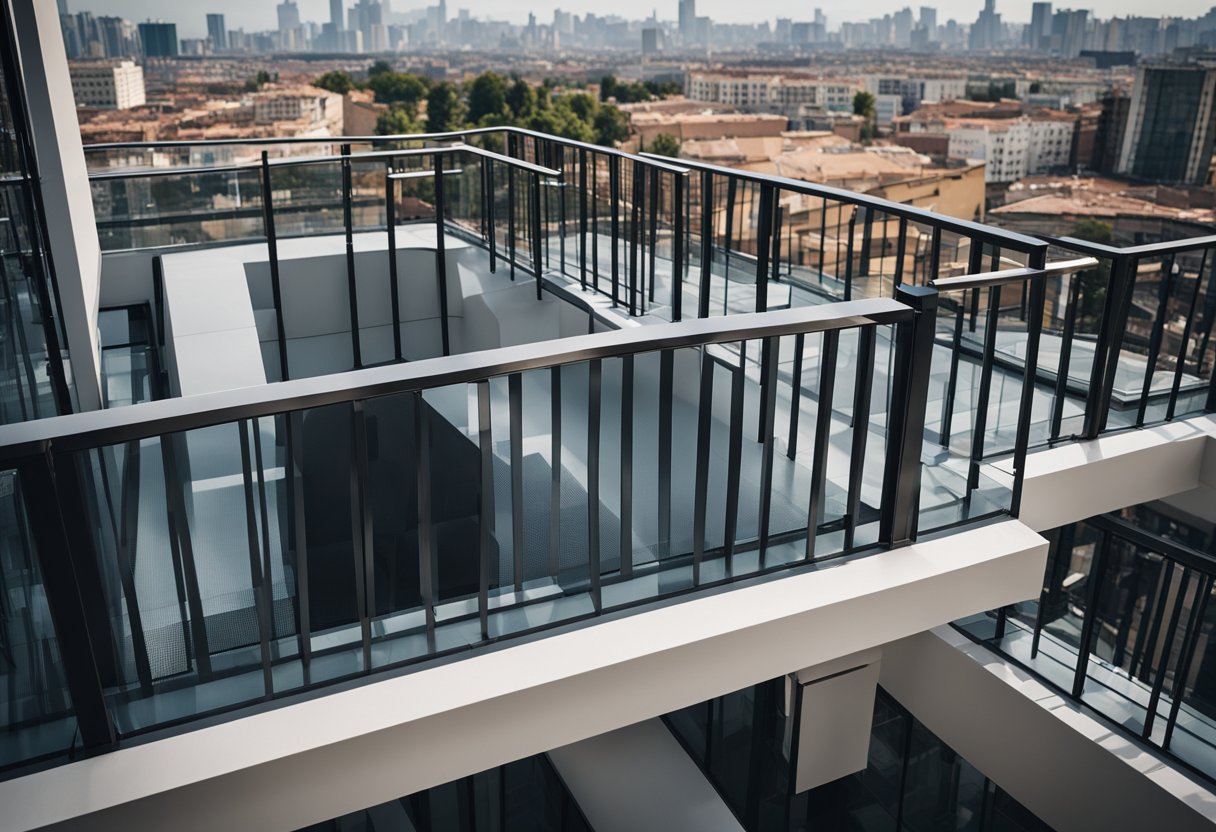 A modern steel balcony with clean lines and geometric patterns, overlooking a city skyline
