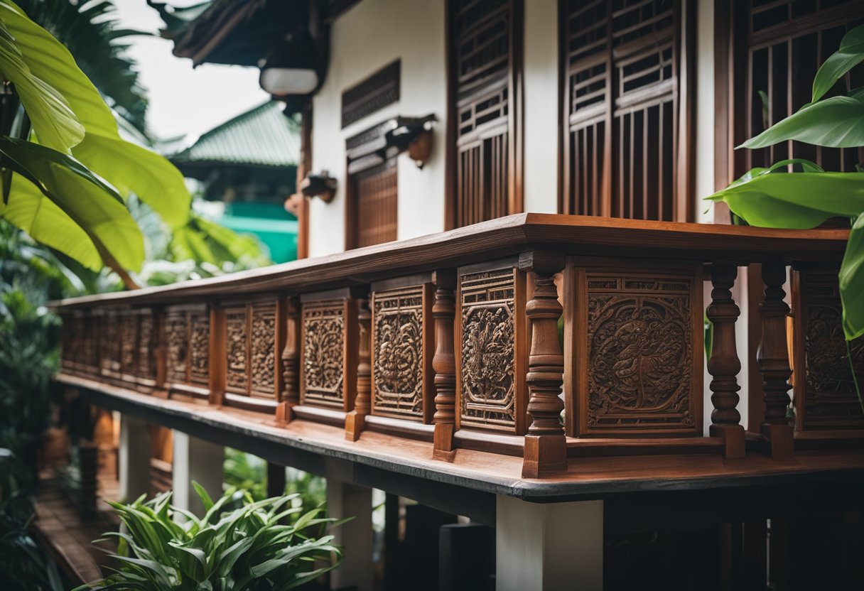 A traditional Malaysian house balcony with intricate wooden carvings, vibrant colors, and lush greenery