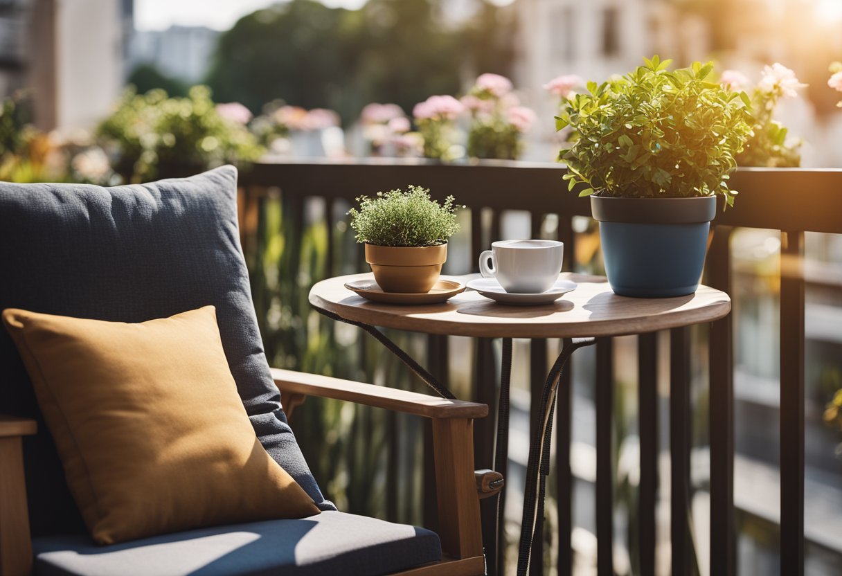 A sunny balcony with potted plants and cozy seating, adorned with string lights and colorful cushions. A small table holds a stack of books and a cup of coffee