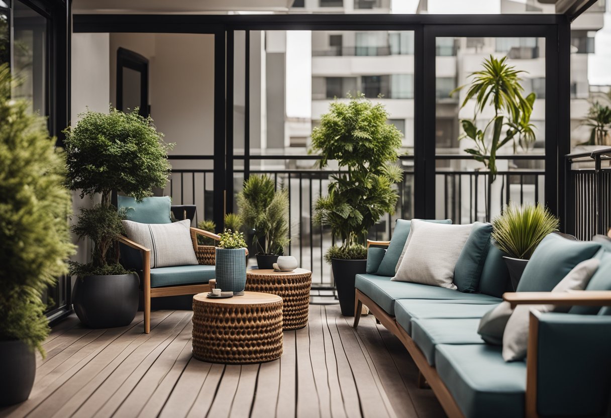 A modern, sleek balcony with comfortable seating, a small table, and potted plants. The furnishings are stylish and functional, creating a cozy outdoor space