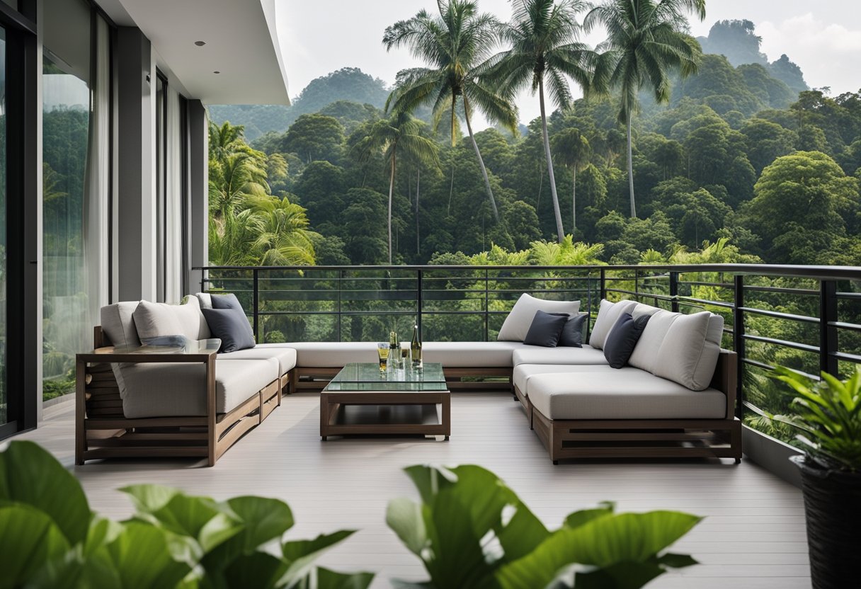 A modern, spacious balcony with sleek glass railings and comfortable outdoor furniture, overlooking a lush garden in Malaysia
