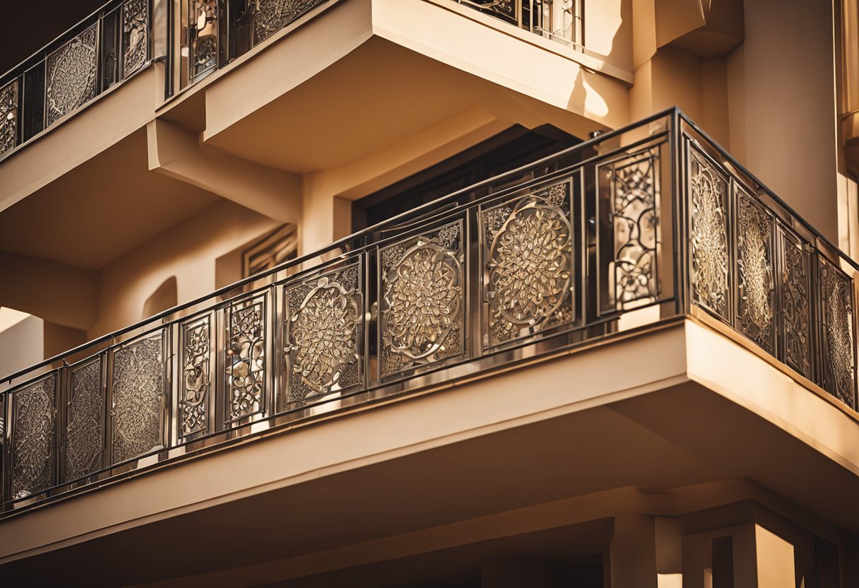 A balcony with intricate ceiling designs, featuring geometric patterns and floral motifs, bathed in warm sunlight