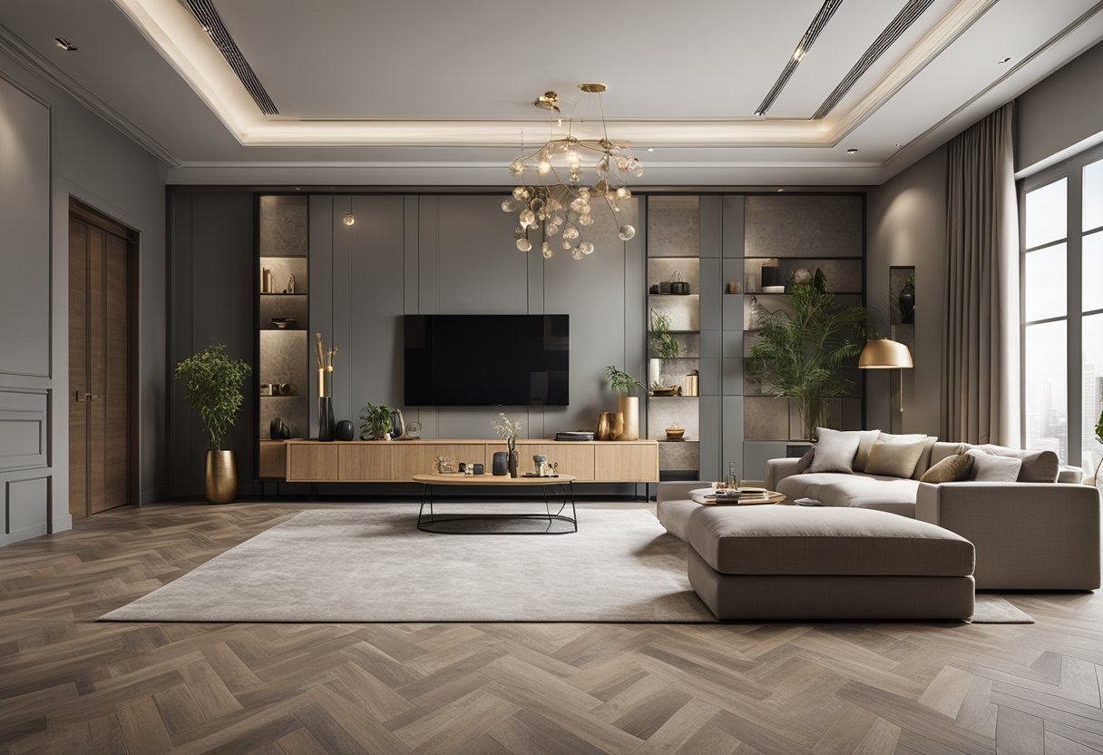 A living room with various floor tiles designs, showcasing different materials and finishes