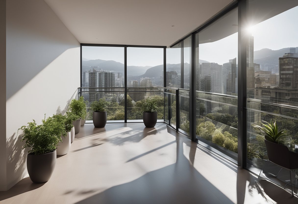 A spacious balcony with modern, sleek design. Glass railings offer unobstructed views. Minimalist furniture and potted plants create a serene atmosphere