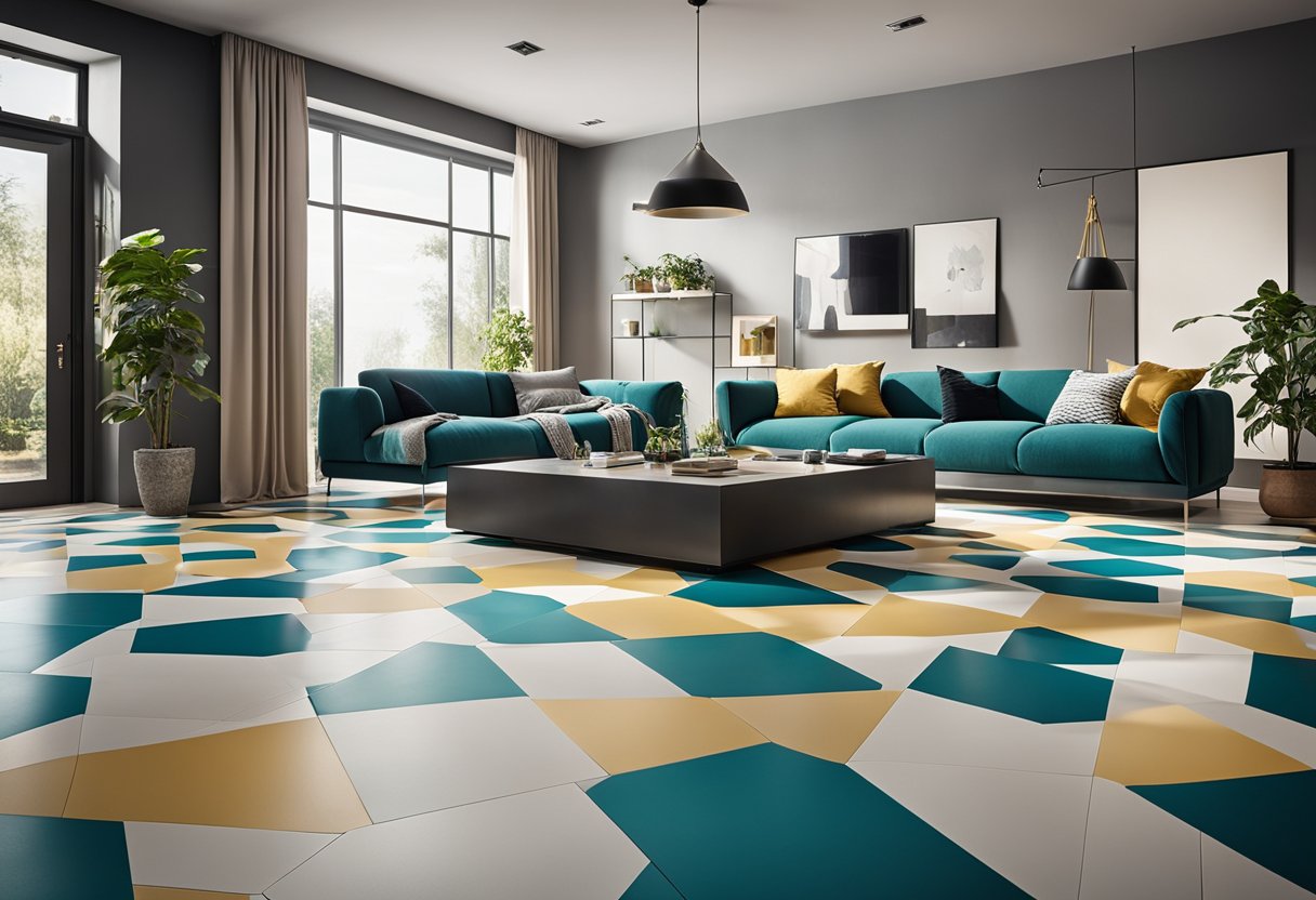 A spacious living room with modern floor tiles featuring various FAQ designs in vibrant colors and clean lines