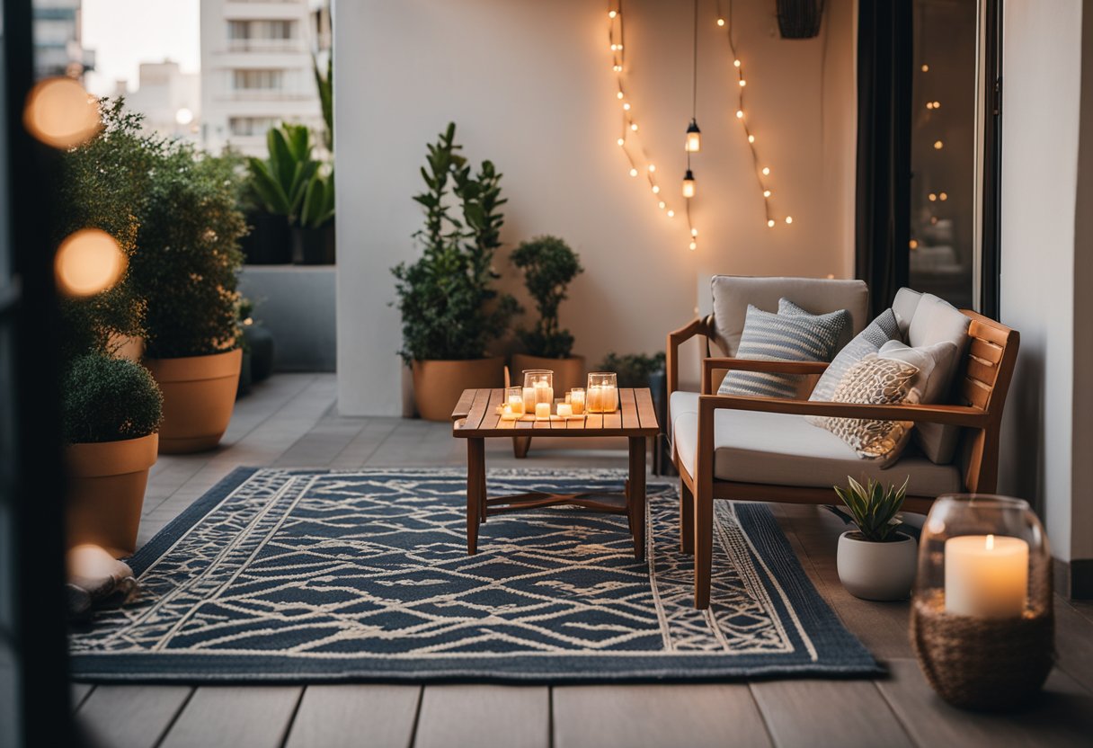 A spacious balcony with modern furniture, potted plants, and string lights. A cozy outdoor rug and a small table with a candle centerpiece complete the inviting design