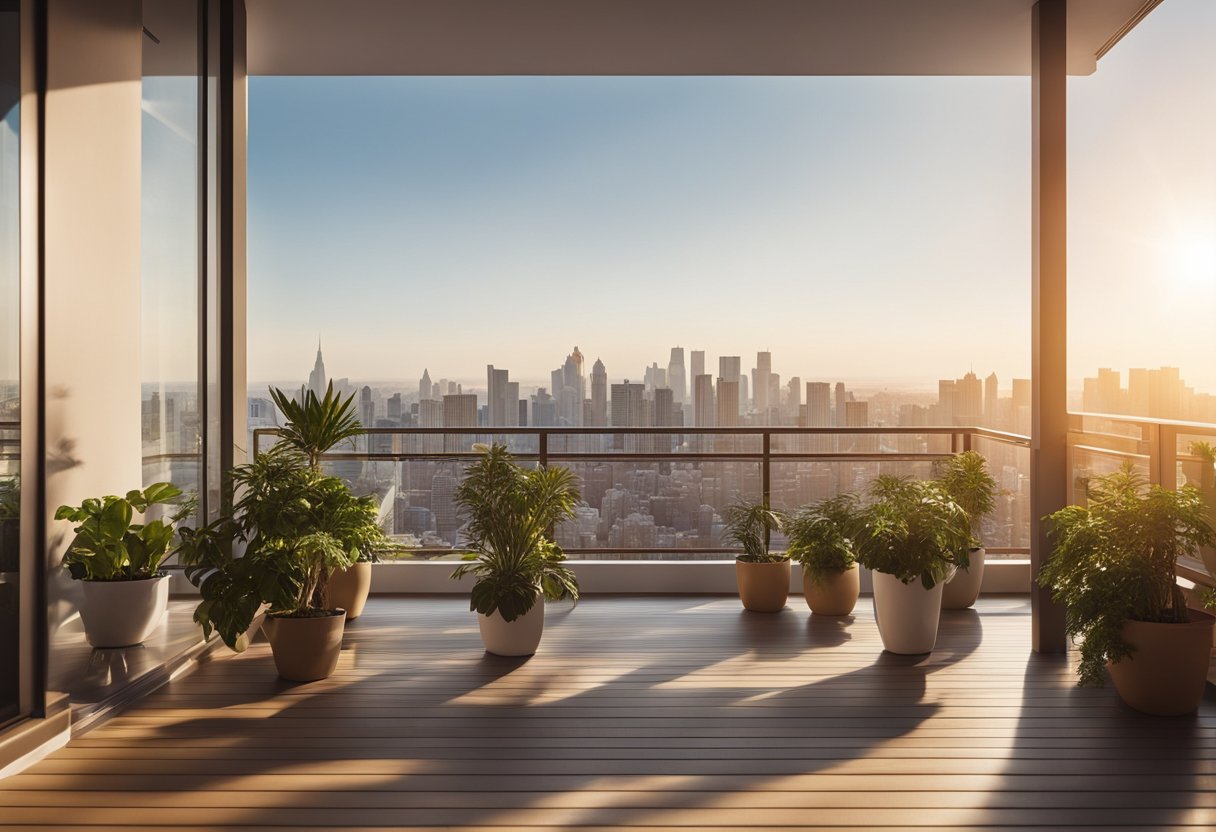 An open balcony overlooks a city skyline, with modern furniture and potted plants. Sunlight streams in, creating a warm and inviting atmosphere