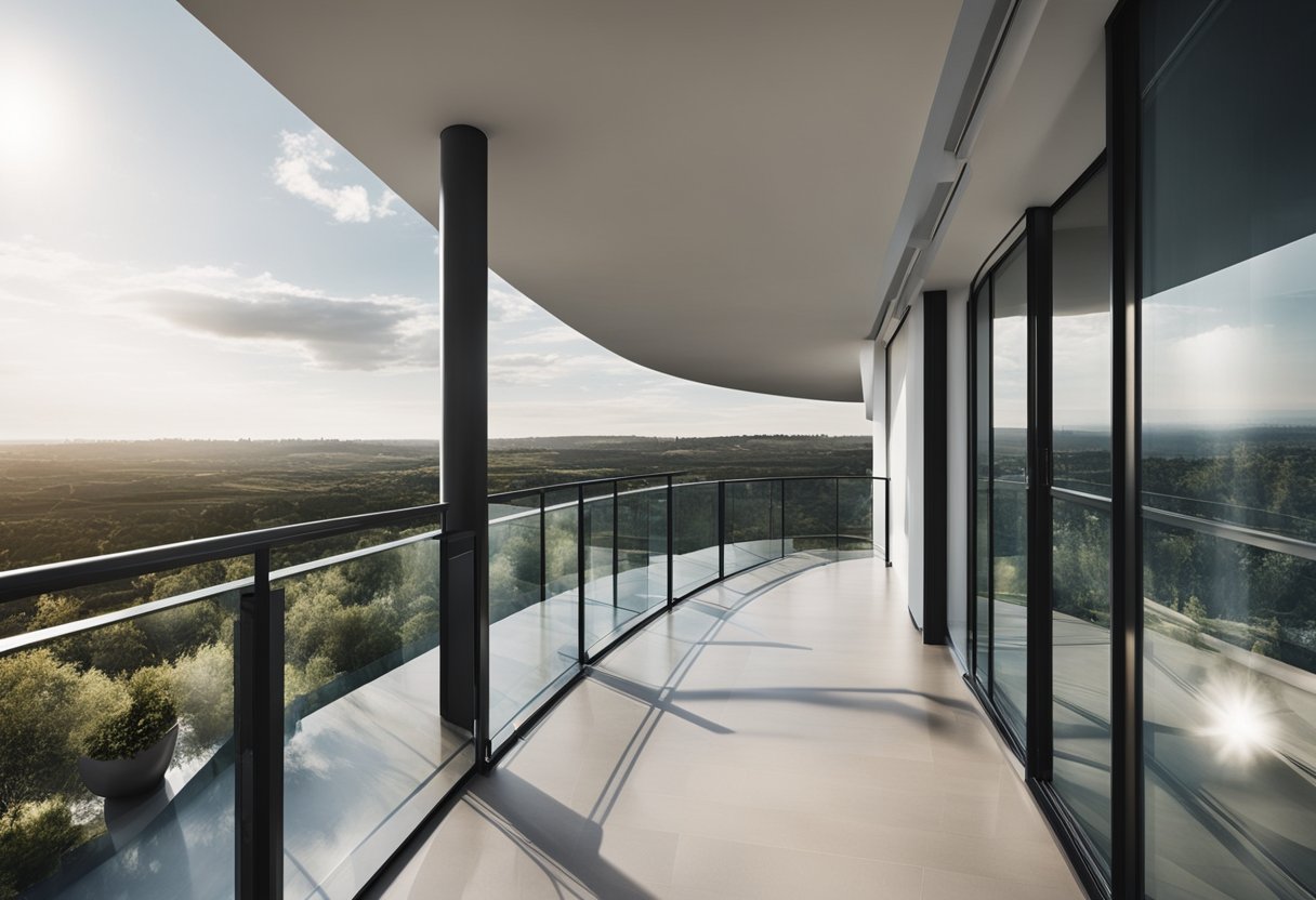An open balcony with modern design, featuring sleek glass panels and a minimalist railing. The space is flooded with natural light, offering a panoramic view of the surrounding landscape