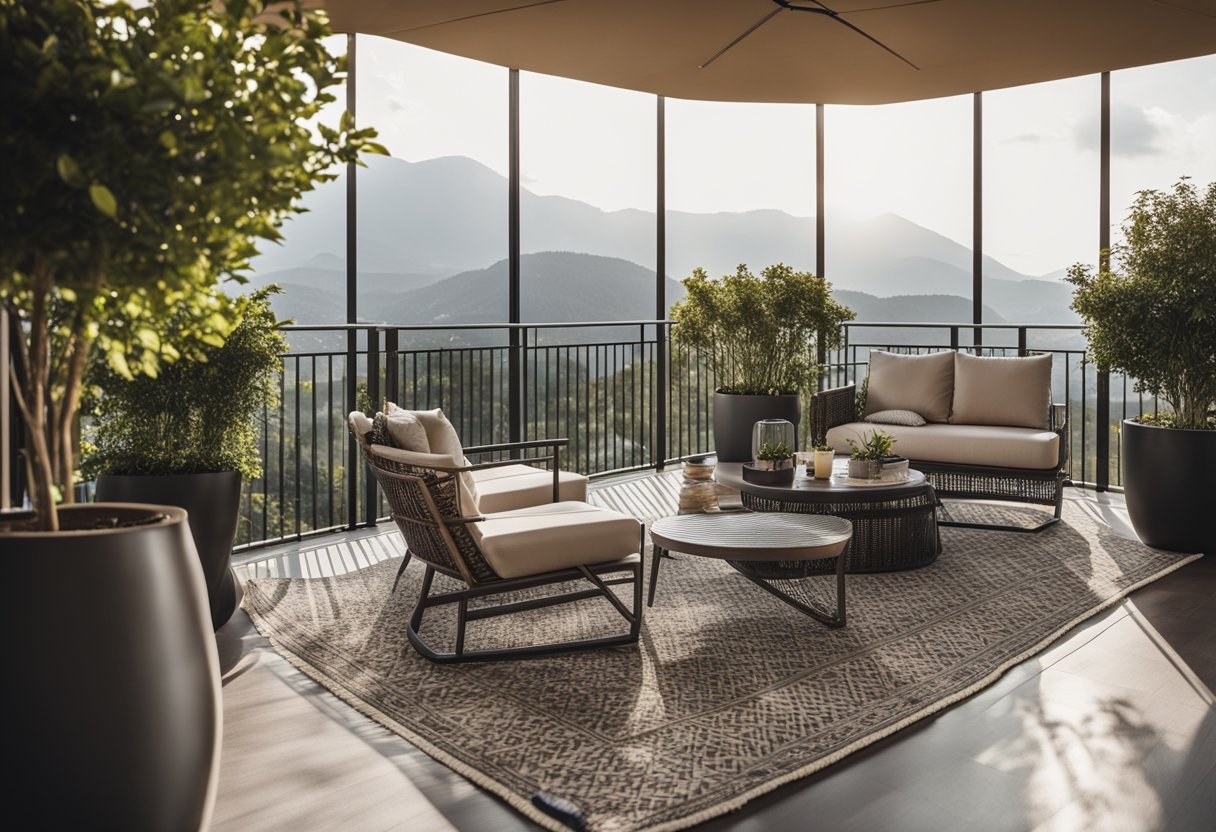 A spacious balcony with modern furniture, potted plants, and a cozy outdoor rug. A sleek railing with glass panels allows for unobstructed views