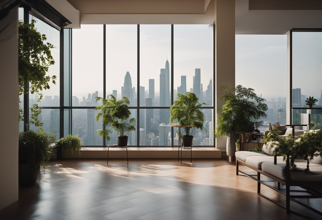 A spacious open balcony with modern furniture, potted plants, and cozy lighting, overlooking a city skyline or lush greenery