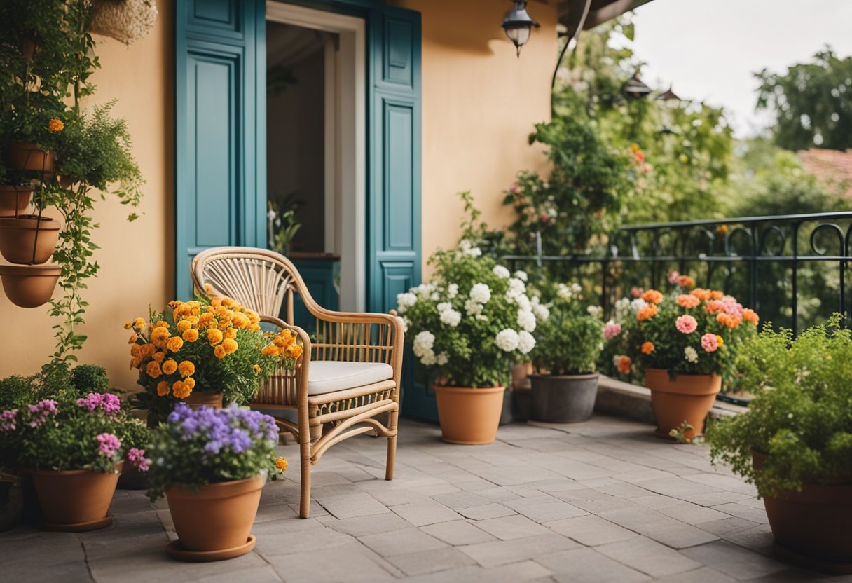 A cozy balcony with potted plants and hanging baskets, surrounded by greenery and colorful flowers. A small table and chairs provide a spot for relaxation and enjoyment of the garden