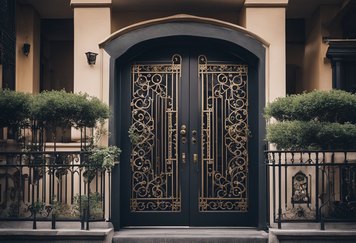 A wrought iron door with intricate geometric patterns opens onto a balcony overlooking a bustling city street