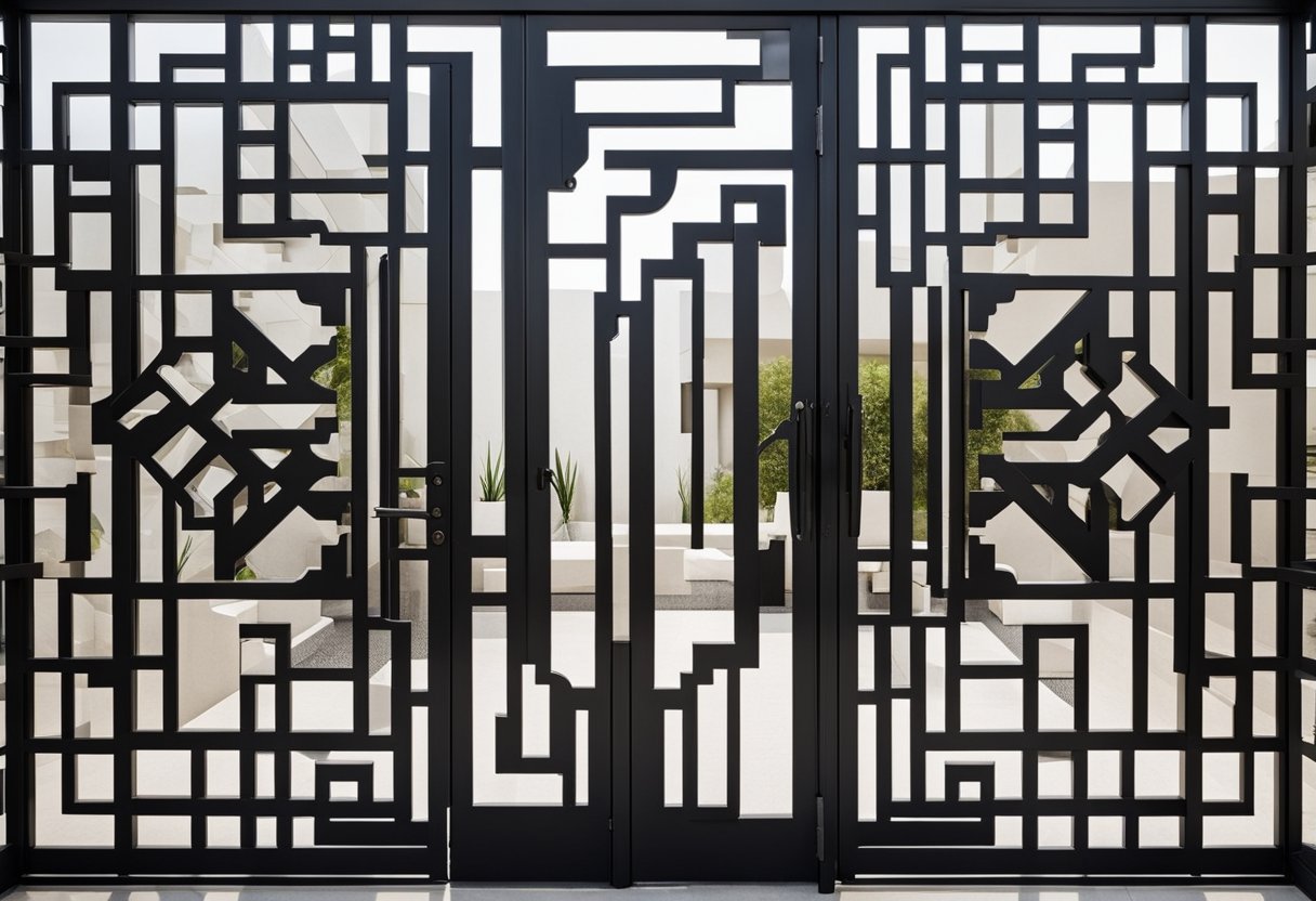A sleek, modern balcony iron door design with intricate geometric patterns and a bold, black finish