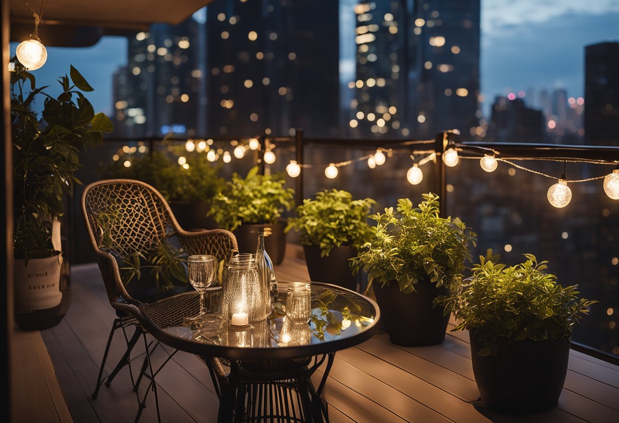 A cozy condo balcony with potted plants, string lights, and a small bistro set overlooking the city skyline