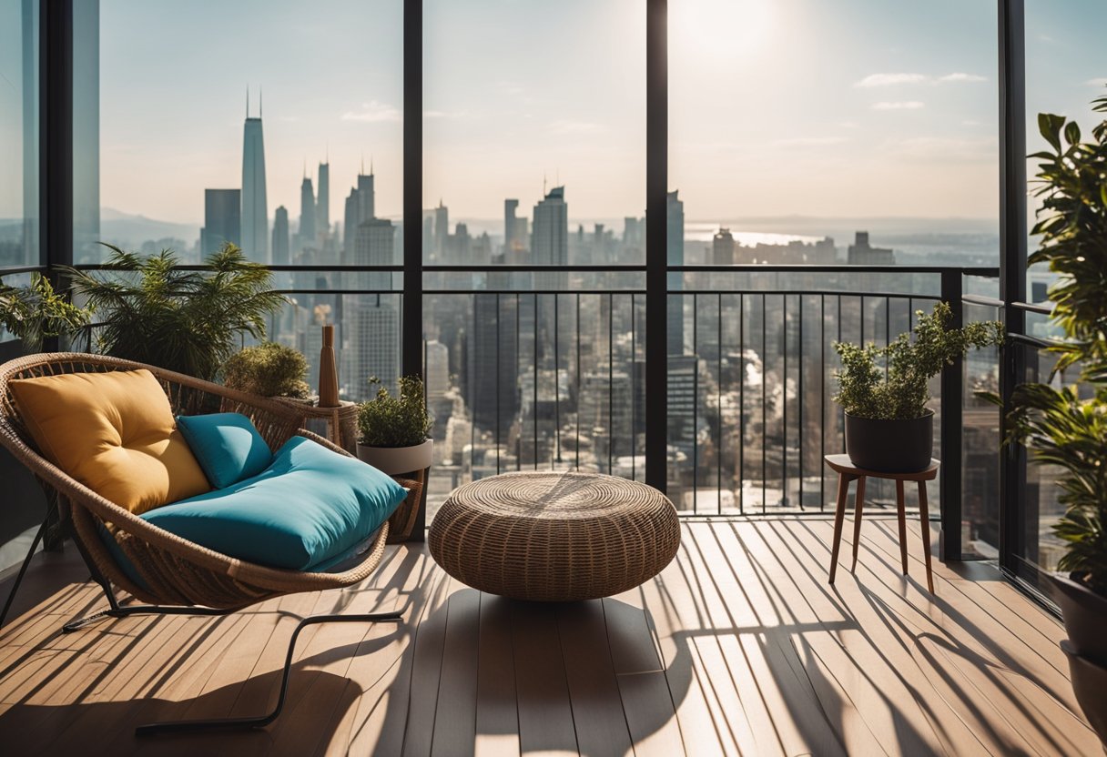 An open balcony with modern furniture, potted plants, and a view of the city skyline. A cozy reading nook with a hanging chair and colorful throw pillows