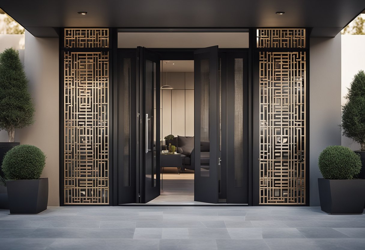 A sleek, modern balcony iron door with geometric patterns and clean lines, blending functionality and elegance