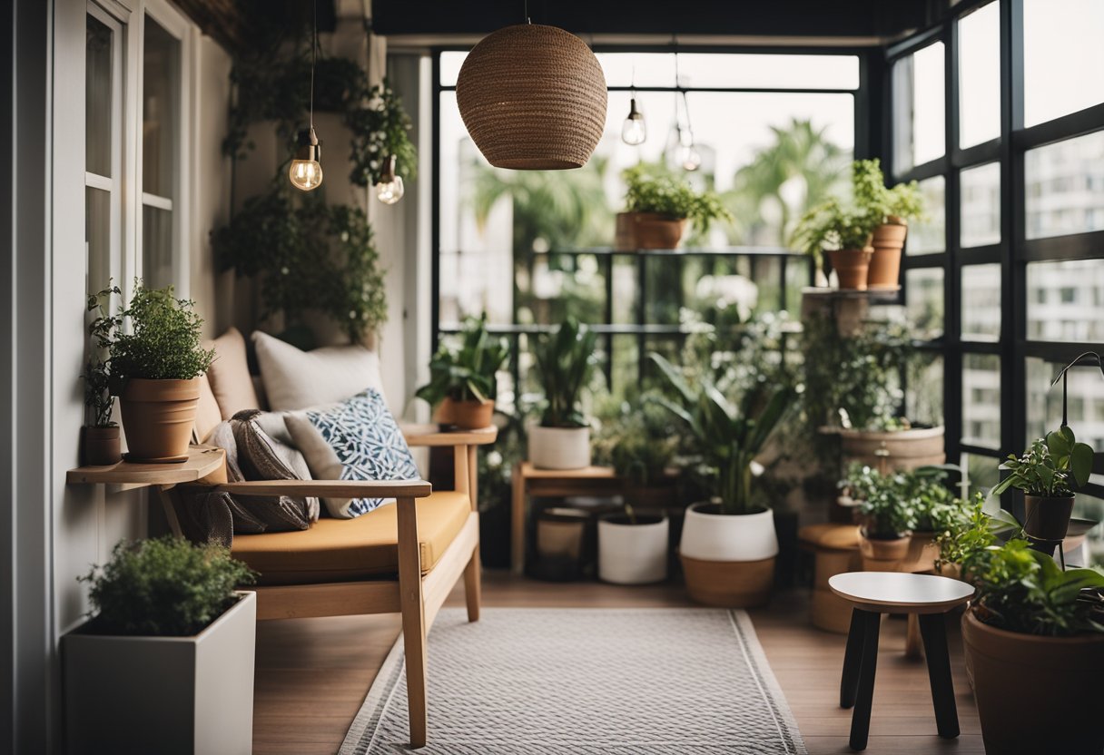 A small condo balcony with space-saving furniture, potted plants, and hanging lights. A cozy reading nook with a small table and a couple of chairs