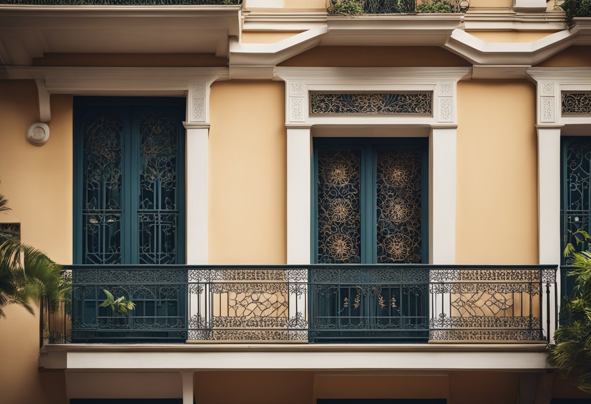A balcony with a decorative iron door, featuring intricate patterns and designs. The door is the focal point, with surrounding architecture and greenery in the background