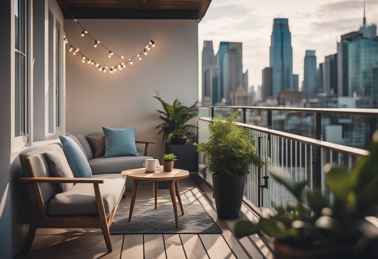 A cozy, modern balcony with potted plants, string lights, and comfortable seating. A small table with a cup of coffee overlooks the city skyline