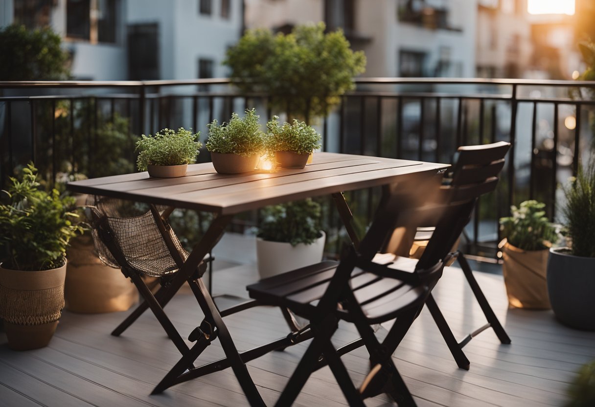 A small condo balcony with cozy seating, potted plants, and string lights. A folding table for dining and a small grill for outdoor cooking