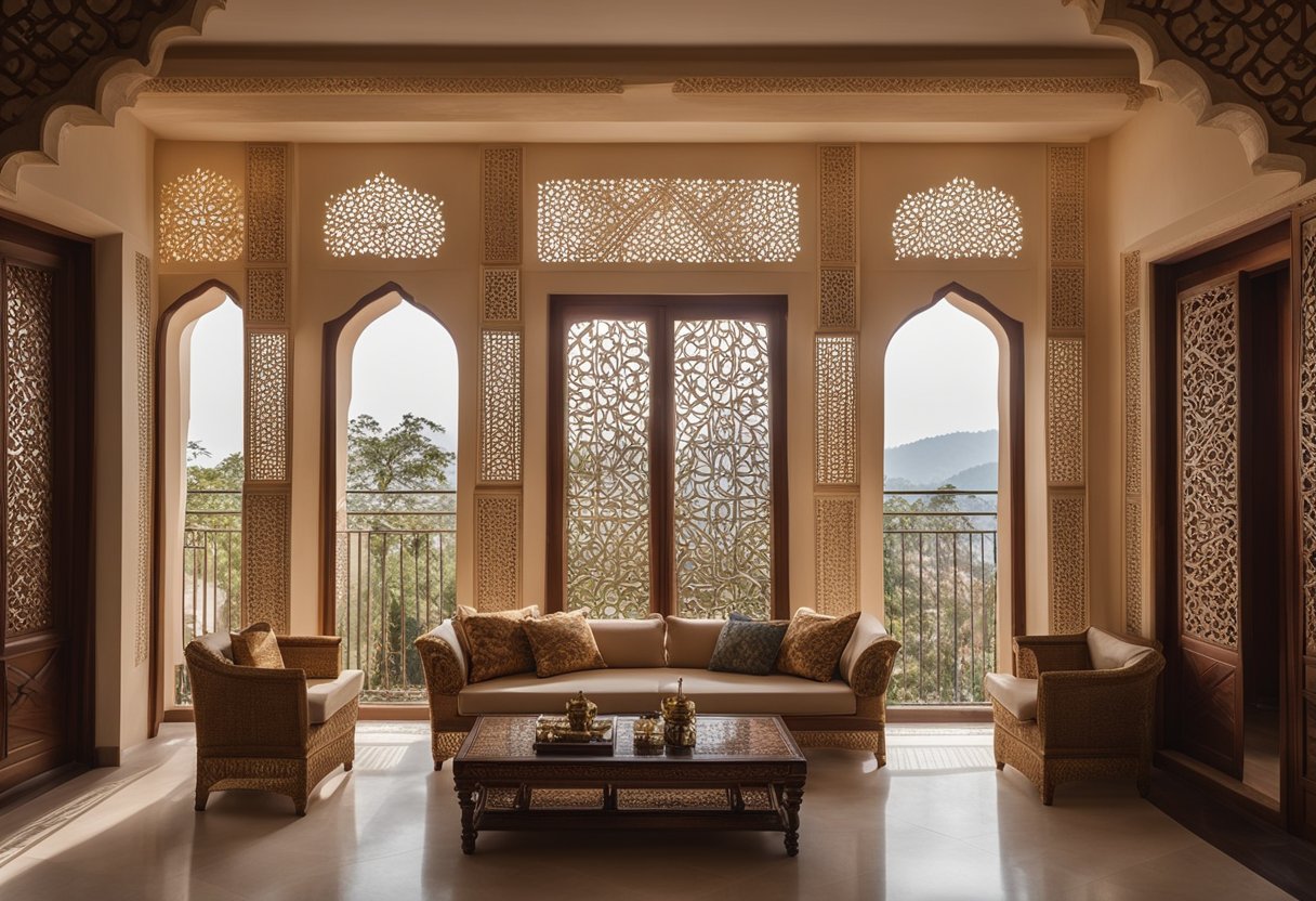 A cozy living room with intricate jharokha designs adorning the walls and windows, creating a traditional and elegant atmosphere