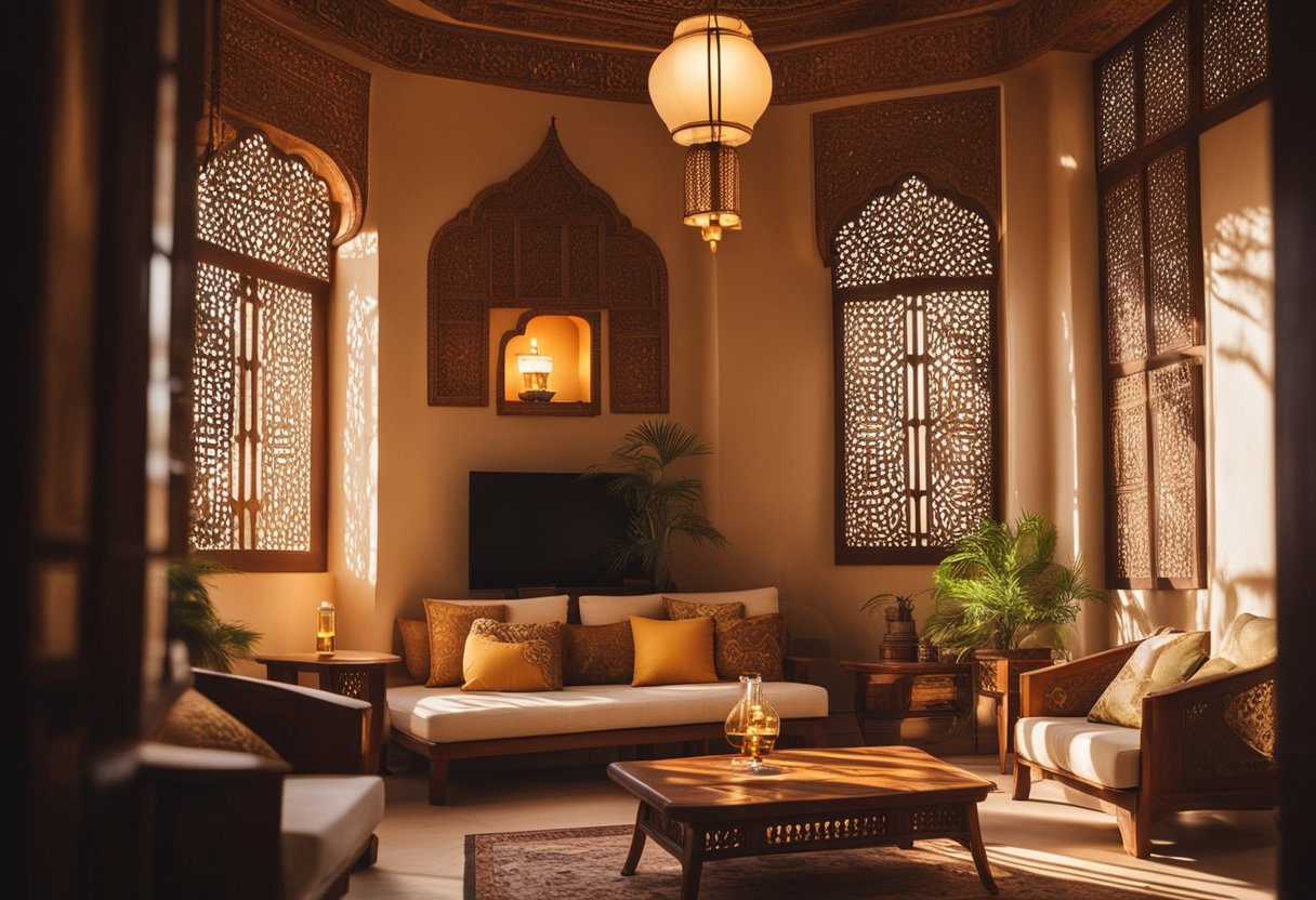 A cozy living room with traditional jharokha designs adorning the walls, casting intricate shadows in the warm glow of the evening sun