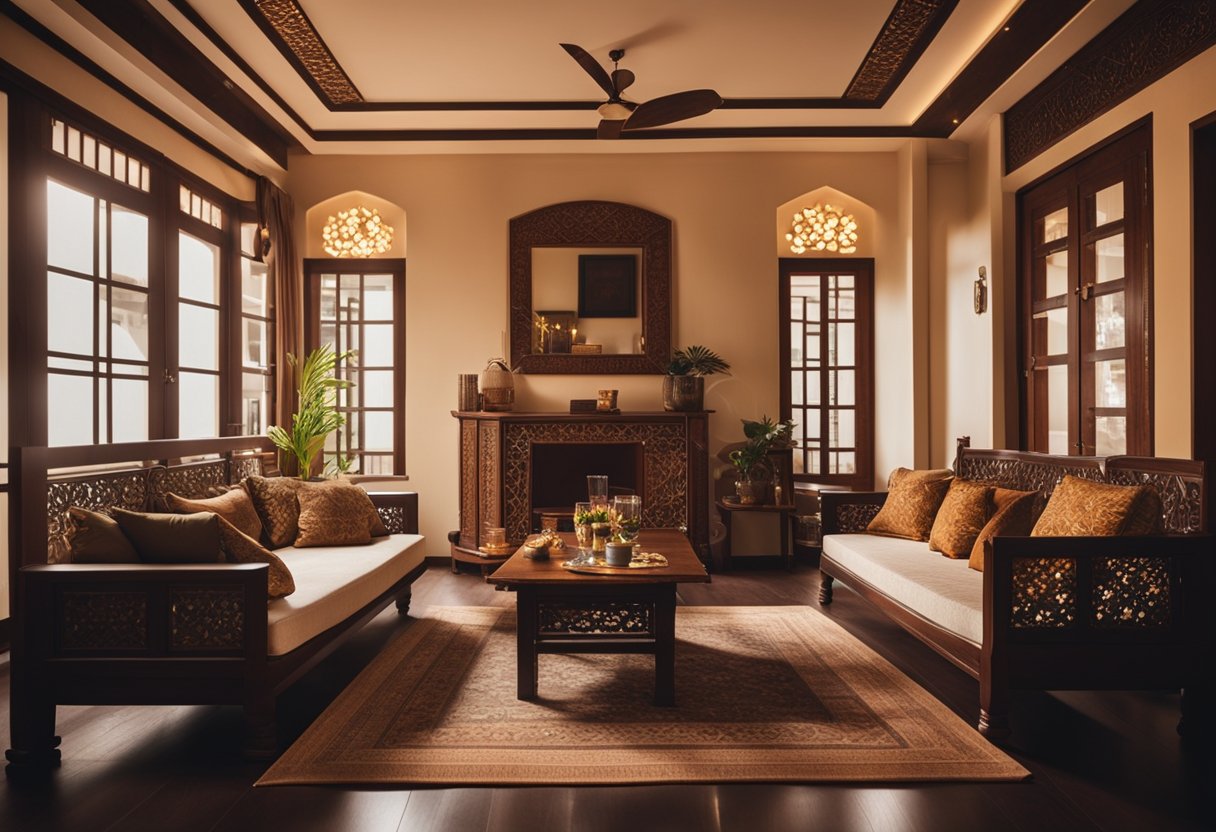 A cozy living room with traditional jharokha designs, warm lighting, and comfortable seating