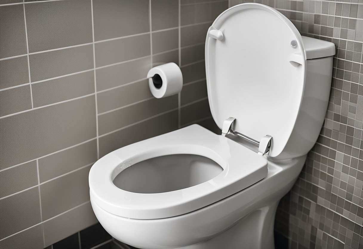 A toilet with a narrow and uncomfortable seat, awkwardly placed flush button, and poor ventilation