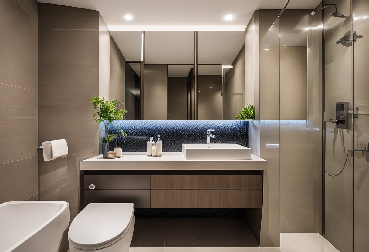 A modern 5-room HDB toilet with sleek fixtures, a spacious shower area, and a large vanity mirror