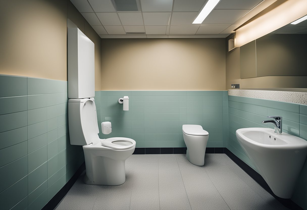 A poorly designed toilet with cramped space, awkward placement, and uncomfortable seating. Uneven flooring and inadequate lighting add to the unpleasant experience