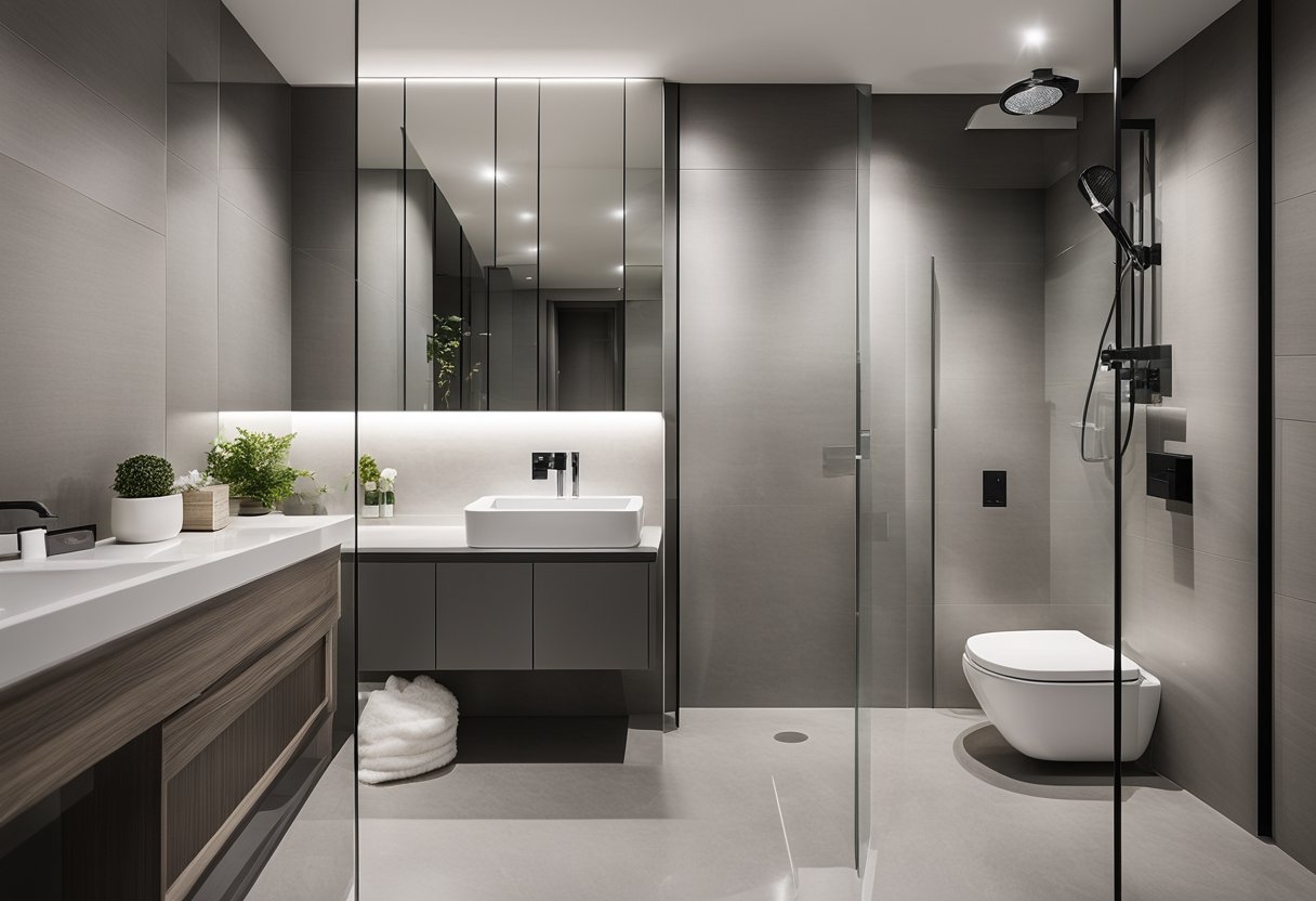 A modern 5-room HDB toilet with sleek, minimalist design. White and grey color scheme, with large mirror and glass shower enclosure
