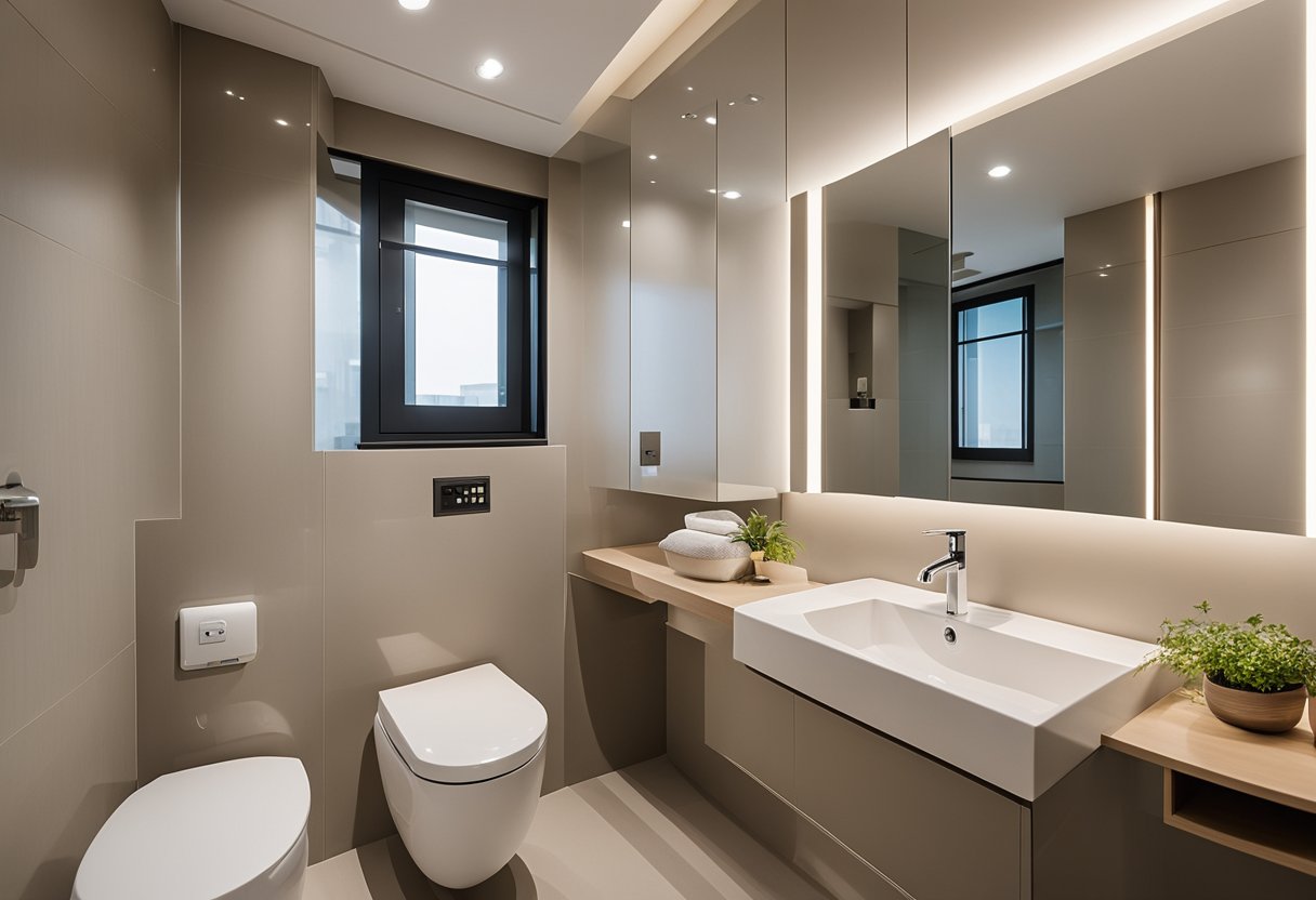 A spacious 5-room HDB toilet with modern fixtures and ample storage. Bright lighting and a neutral color palette create a clean and inviting atmosphere