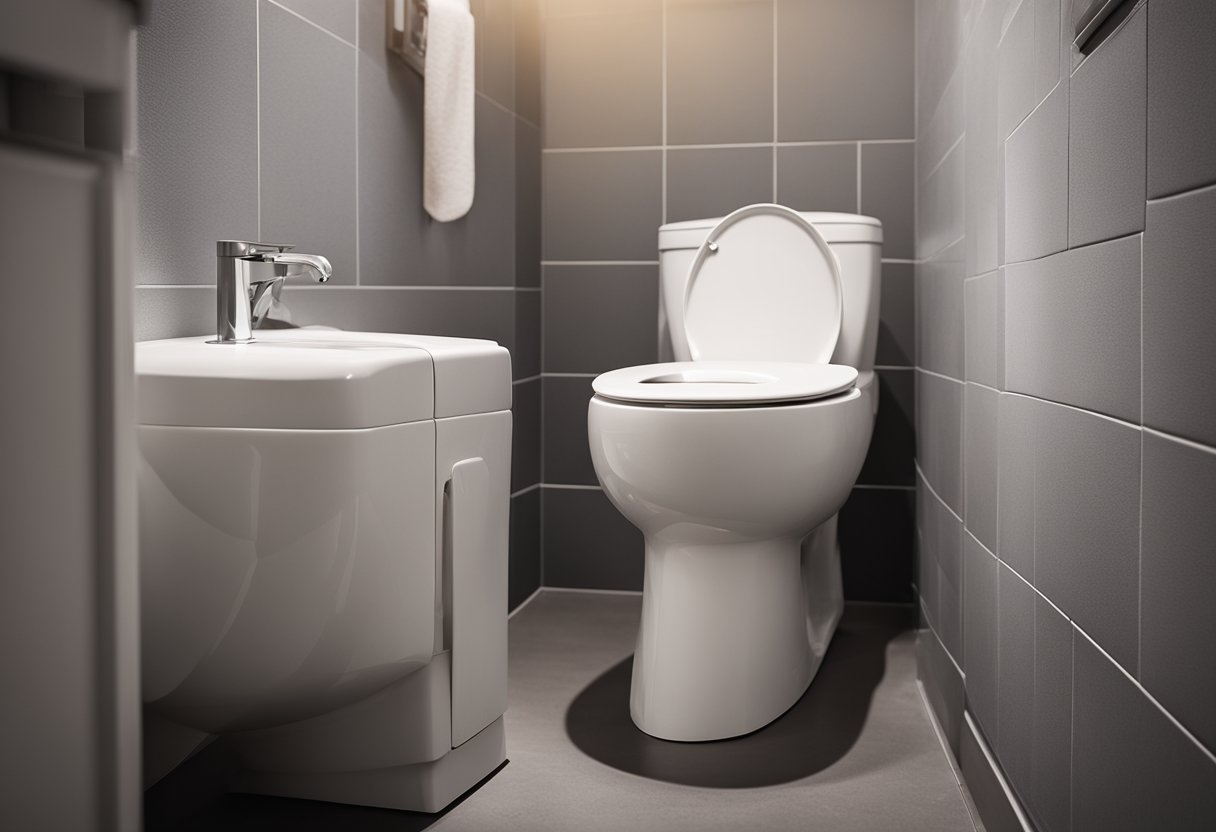 Toilet with cramped space, awkward placement, and uncomfortable seat. Poor ventilation and inadequate lighting. Inconvenient flush or difficult-to-reach toilet paper