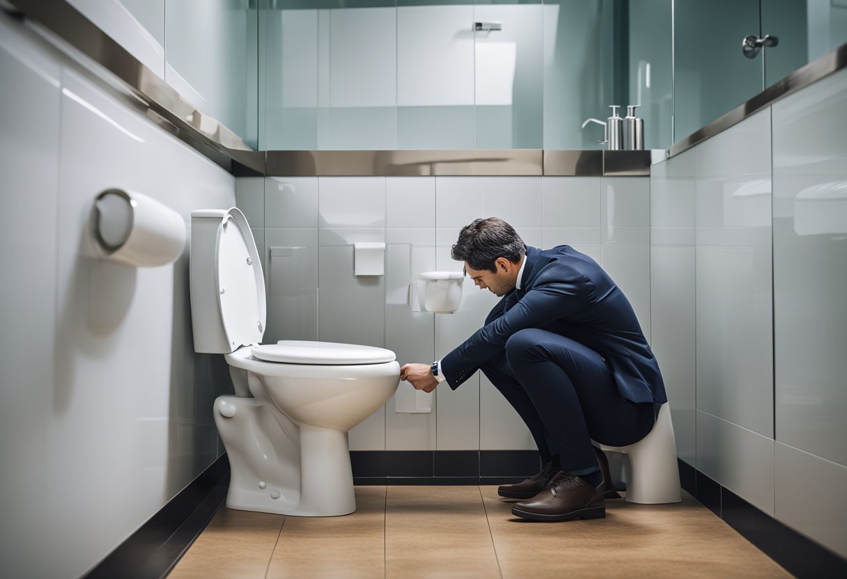 A person struggling with a poorly designed toilet, with awkward positioning and uncomfortable features