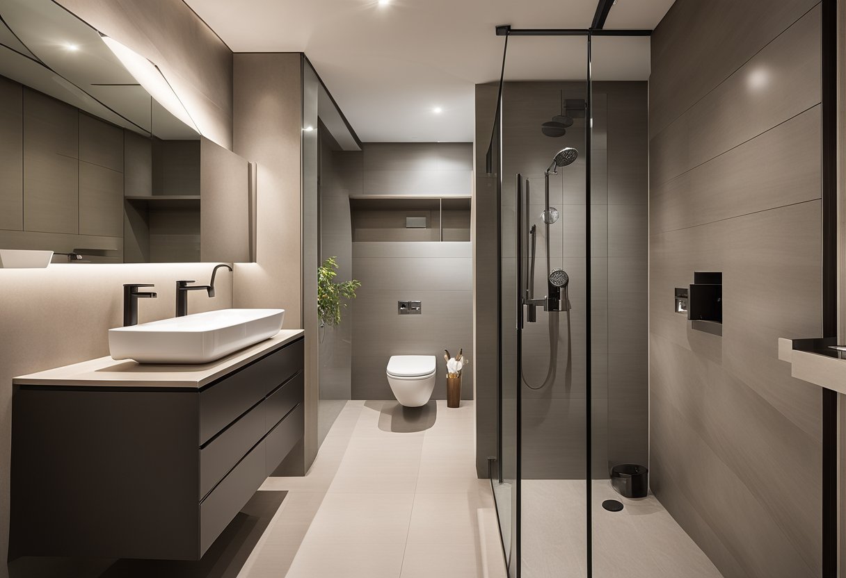 A modern 5-room HDB toilet with sleek fixtures, a spacious shower area, and stylish tiling. A large mirror and ample storage complete the contemporary design
