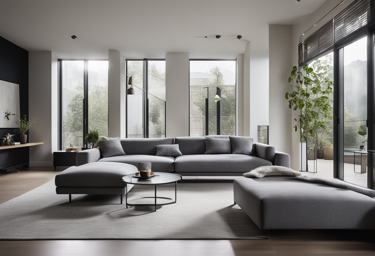 A sleek grey sofa sits in front of a large window, with a minimalist coffee table and contemporary artwork on the walls. The room is filled with natural light and clean lines