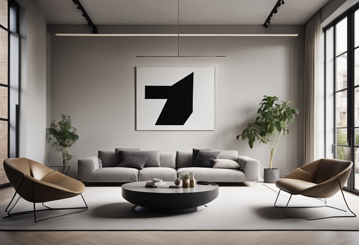 A sleek, minimalist sofa sits against a backdrop of neutral walls and large windows, with a statement piece of contemporary art hanging above. A low coffee table and clean lines complete the modern European living room design
