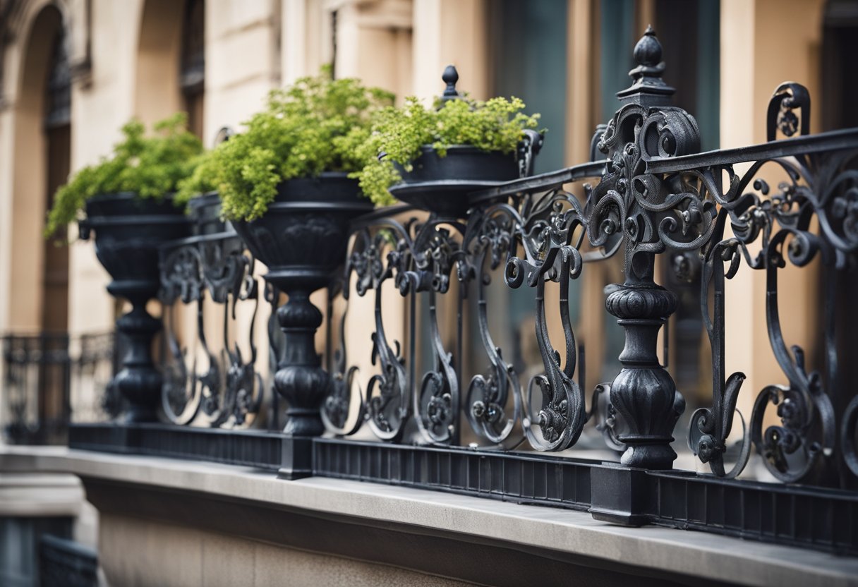 The first-floor balcony features ornate wrought-iron railings with intricate floral patterns and decorative scrollwork. The railing is accented with potted plants and overlooks a bustling city street