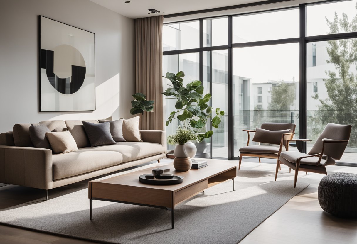A modern European living room with sleek furniture, clean lines, and neutral color palette. Large windows allow natural light to fill the space, while minimalist decor adds a touch of sophistication