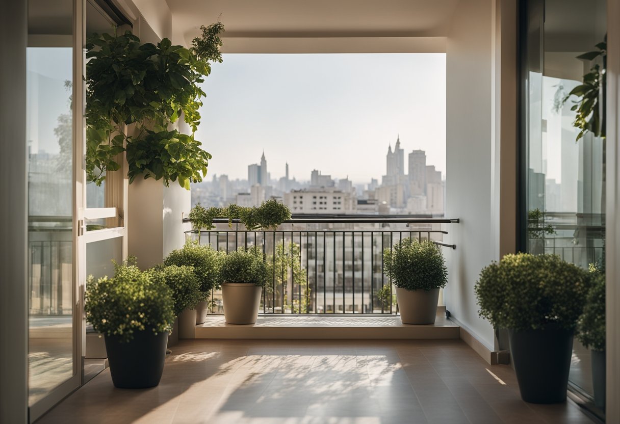 A spacious first-floor balcony with modern railing and potted plants, overlooking a serene garden or cityscape