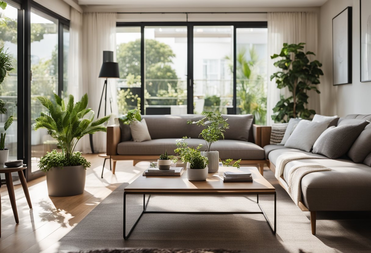 A cozy living room seamlessly flows into a spacious first-floor balcony, with modern furniture and potted plants creating a harmonious indoor-outdoor space