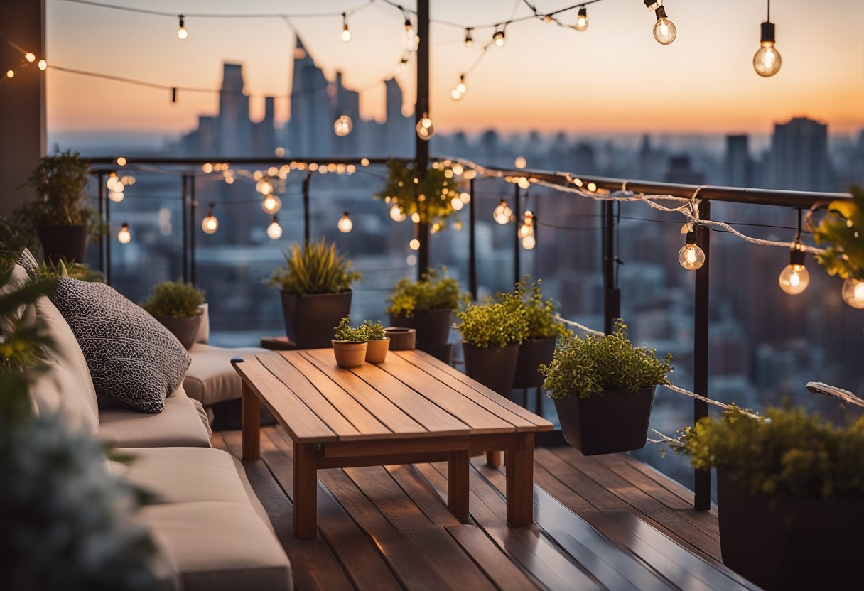 A spacious balcony with cozy seating, potted plants, and string lights. A small table with a cup of coffee overlooks a city skyline